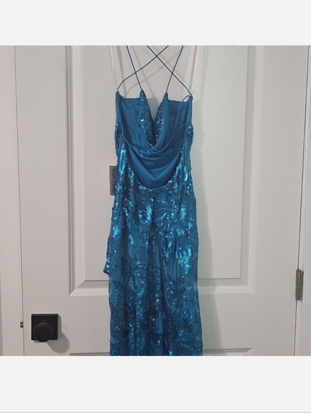 B Darlin Teal Sequin Spaghetti Strap Evening Gown with Thigh Slit - Picture 4 of 4